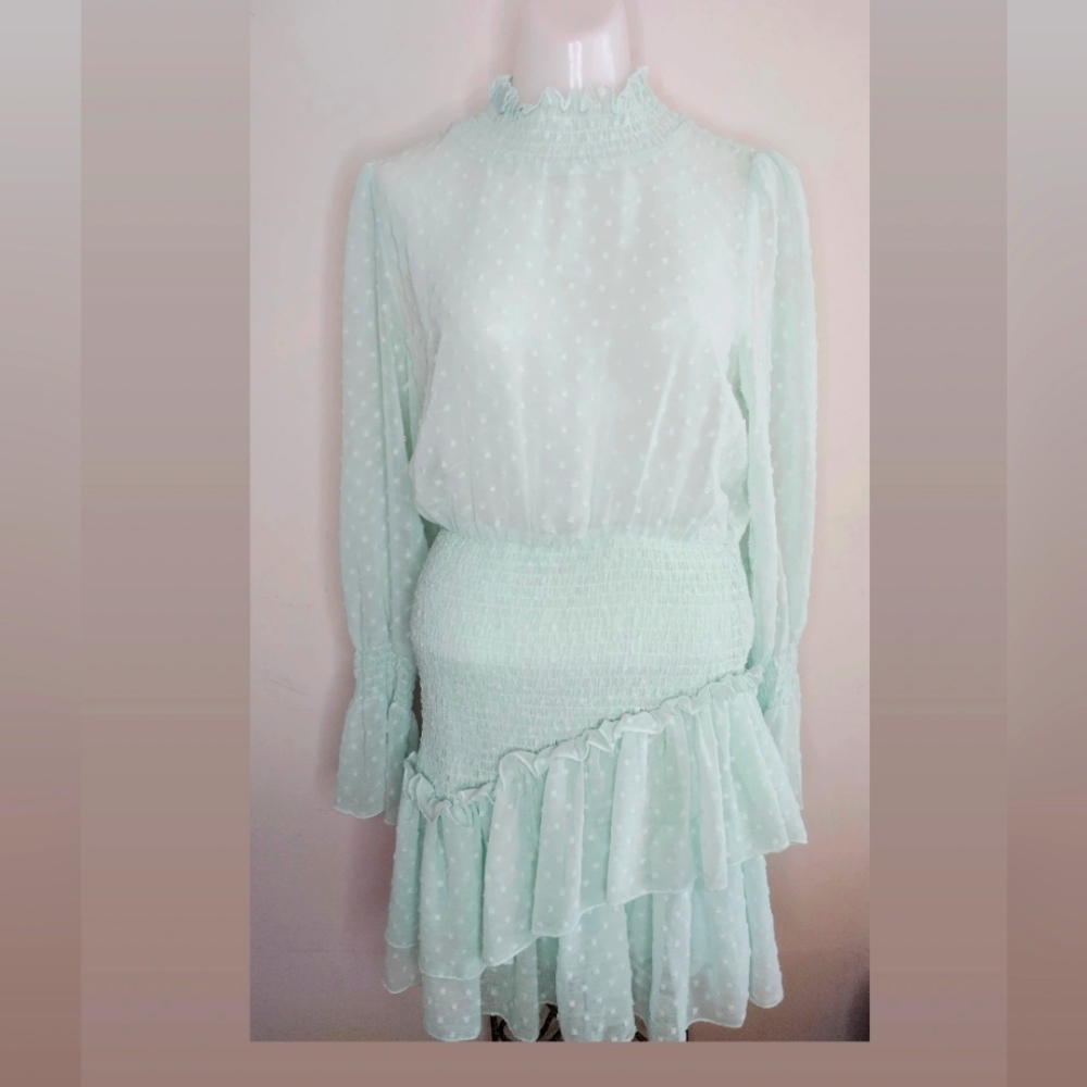 Mint Polka Dot Lace Ruffle Tier Dress M